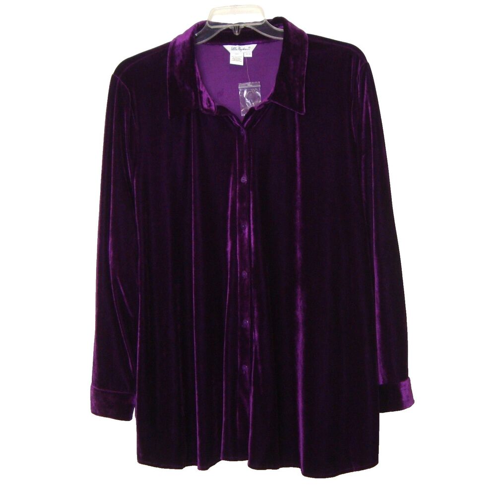 NWOT Ulla Popken Regal Purple Stretch Velvet Button Up Tunic Top